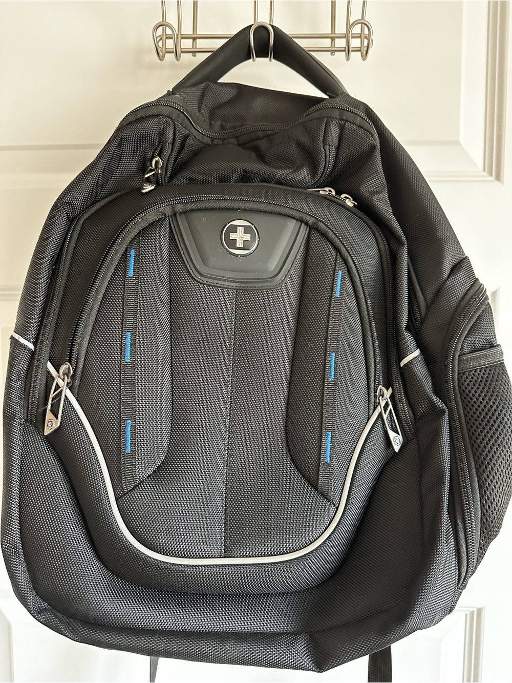 SwissGear Digital Black Backpack with Blue Trim and Silver Zippers